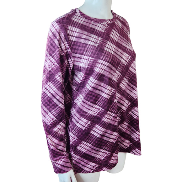 Denim & Co. Printed Velour Pullover Hi-Low Hem Deep Wine Plaid Petite Small NWOT - Picture 11 of 14